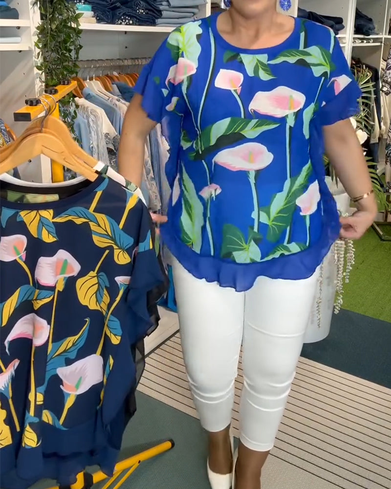 Batwing-Sleeve Printed Blouse