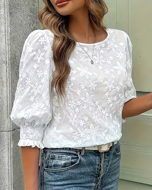 Crew Neck Puff Sleeve Three-Dimensional Floral Blouse