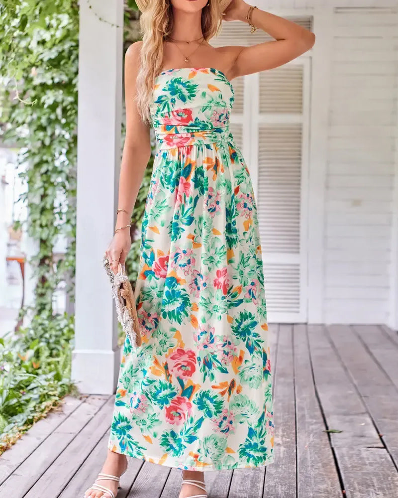 Floral Strapless Waist A-Line Dress