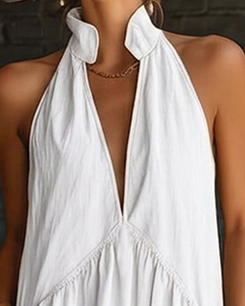 100% Cotton Sleeveless Stand-Collar Solid-Color Maxi Dress