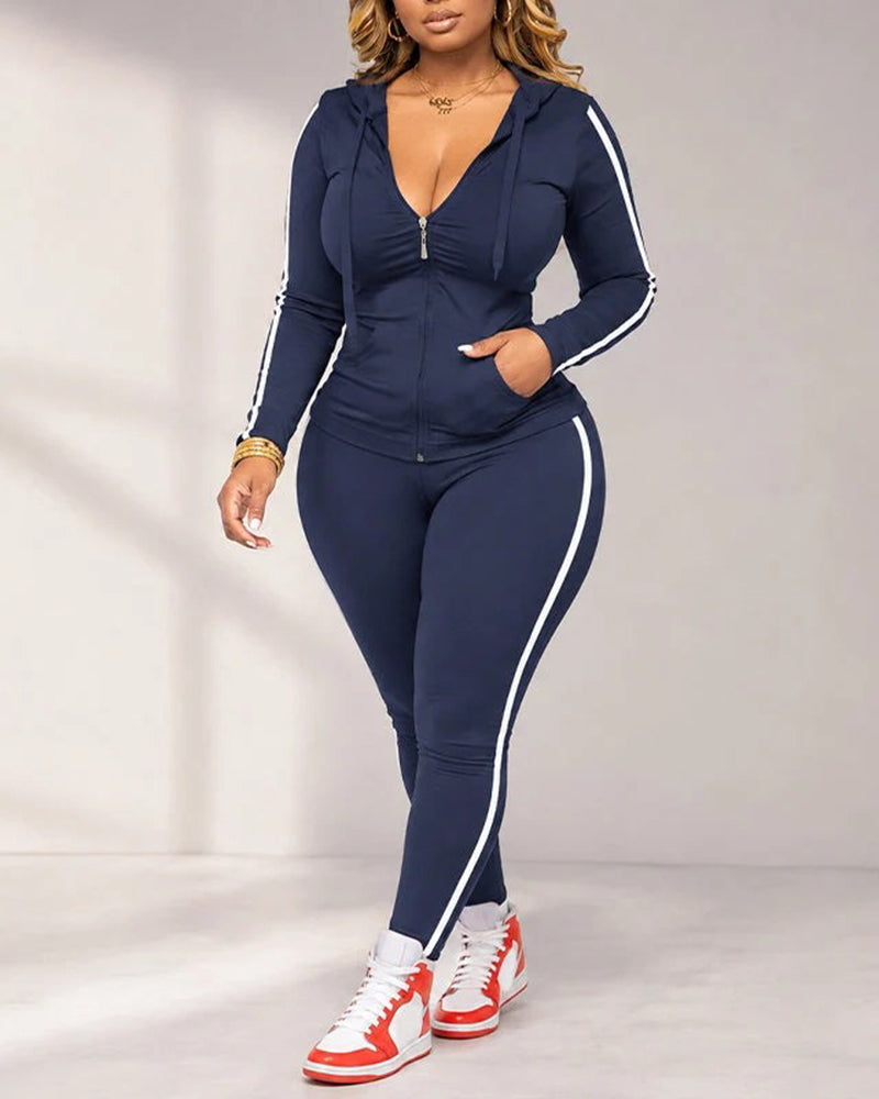 Side Striped Hooded Coat And Sweatpants Sets