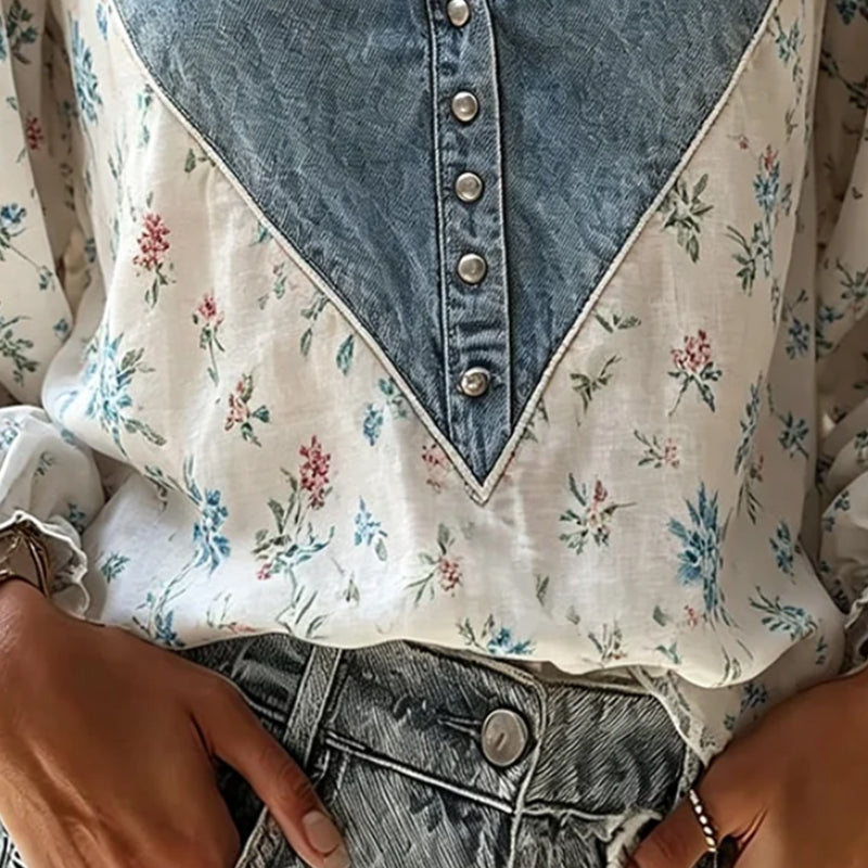 V-Neck Floral Print Puff Sleeve Denim Panel Blouse
