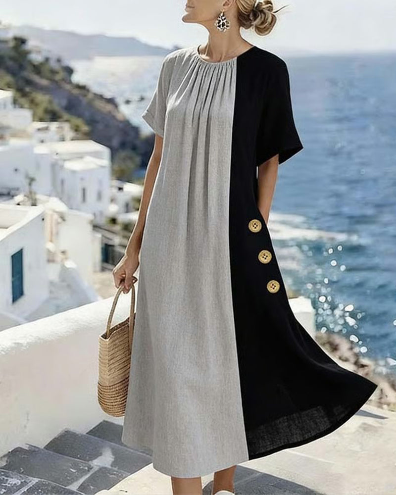 Contrast Color Round Neck Casual Long Dress