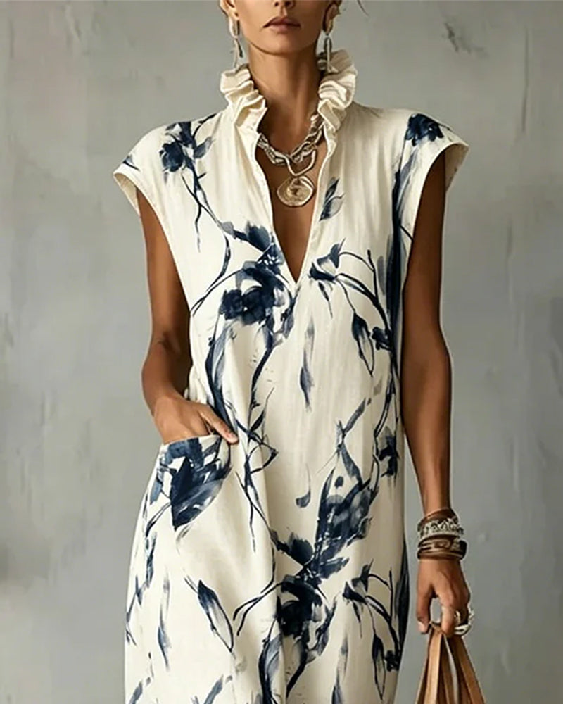 Ink Blue Stand Collar Sleeveless Dress