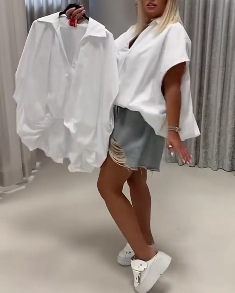 Lapel Loose Fit Batwing Sleeve Blouse