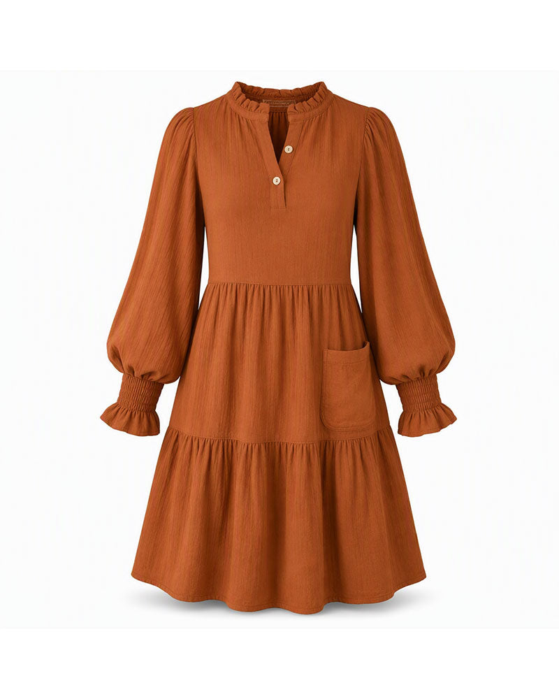 V-Neck Puff Sleeve Tiered Dress