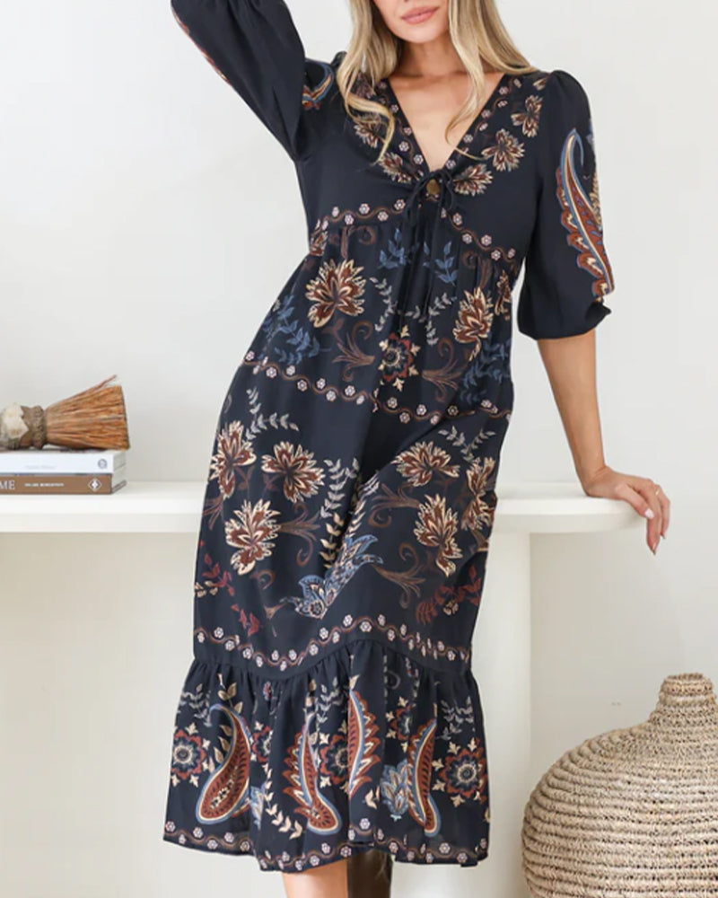 V-Neck Bubble Sleeve Dress