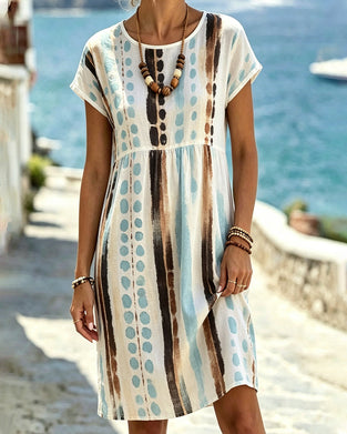 Crew Neck Watercolor Polka Dot Stripe Dress