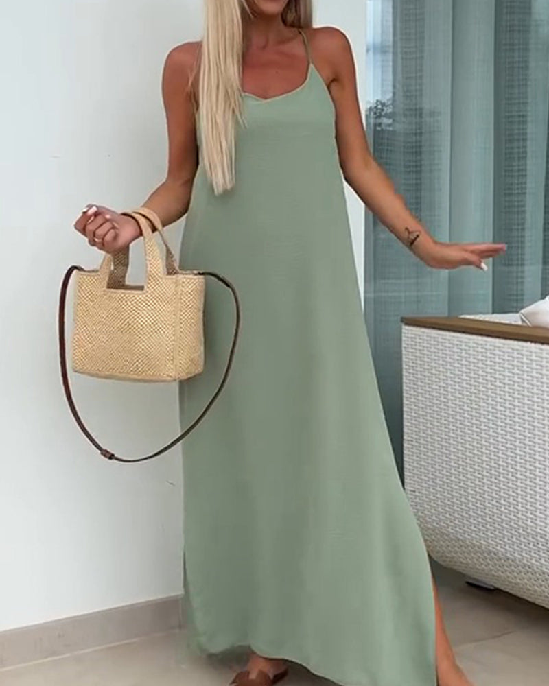 Round Neck Solid Color Suspender Dress