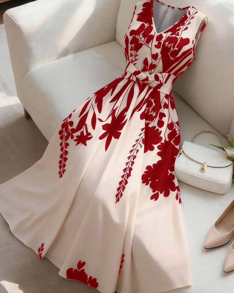 V-Neck Waist A-Line Sleeveless Dress