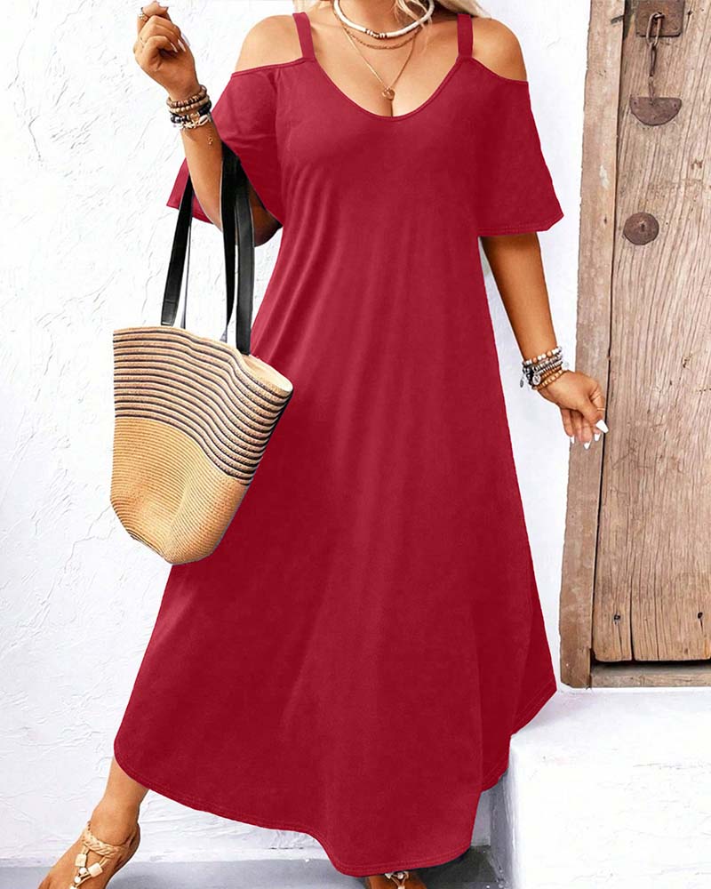 Solid V-Neck Off-Shoulder Long Dress