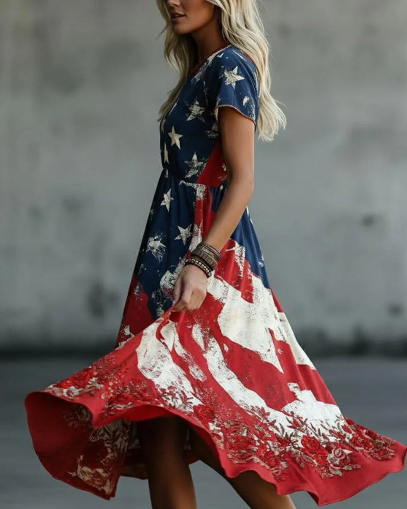 Flag Crew Neck Waist A-Line Dress
