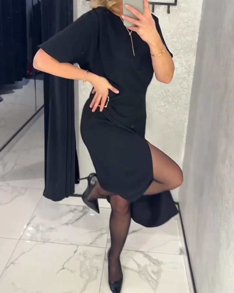 Metal Button Round Neck Slit Dress