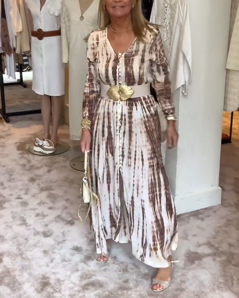 Printed long-sleeve V-neck slit waist dress