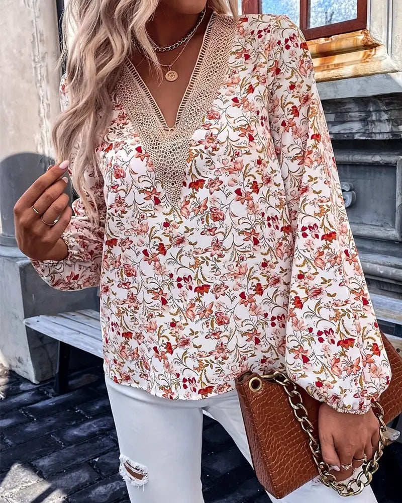 Casual V-Neck Printed Long-Sleeved T-Shirt