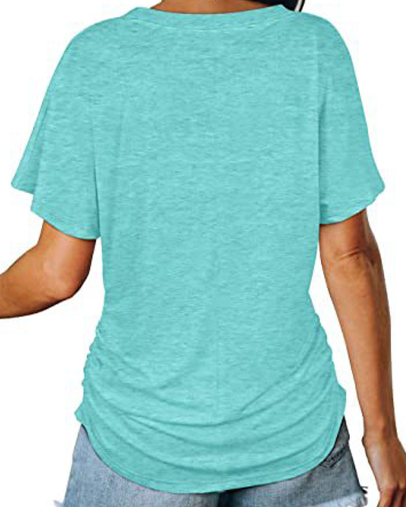 Pleated Solid Color V-Neck T-Shirt