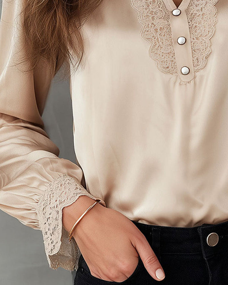 Solid Color Patchwork V-Neck Elegant Blouse
