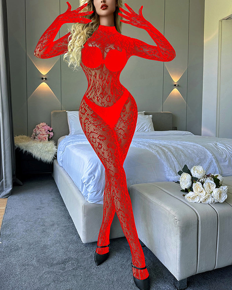 Long-Sleeved One-Piece Fishnet Stockings Underwear