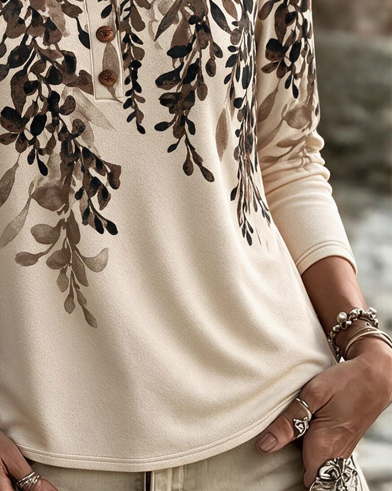 V-Neck Leaf Print Casual Long Sleeve Top