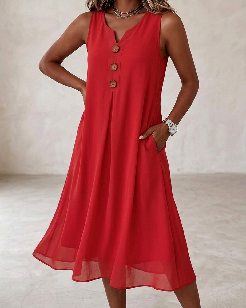 Button Shirred Sleeveless Dress