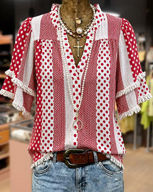 V-Neck Polka Dot Fringe Patchwork Blouse