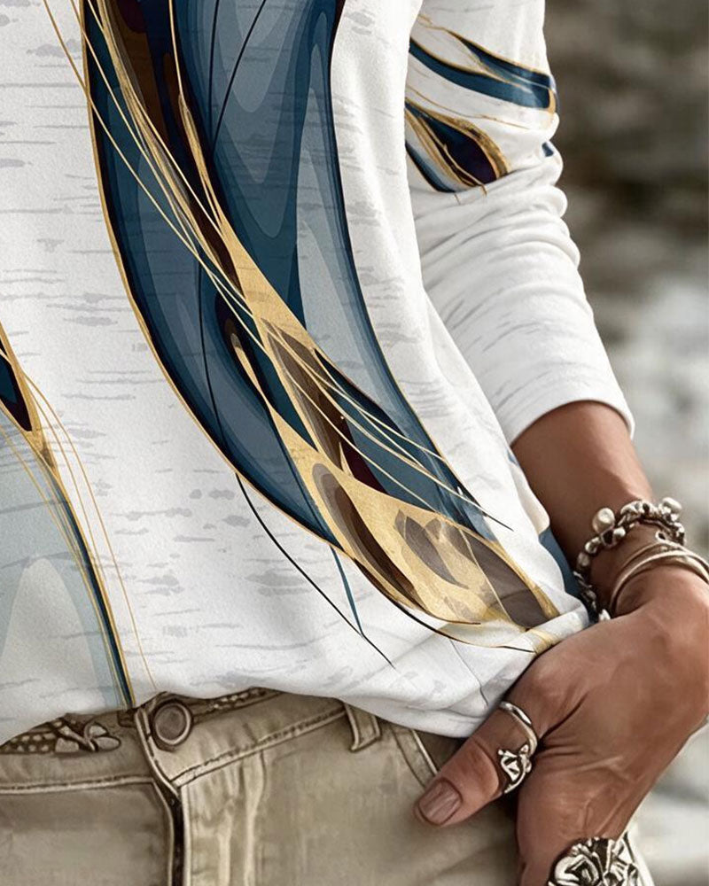 V-Neck Casual Marble Print Top