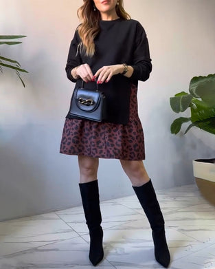 Patchwork leopard print casual dress