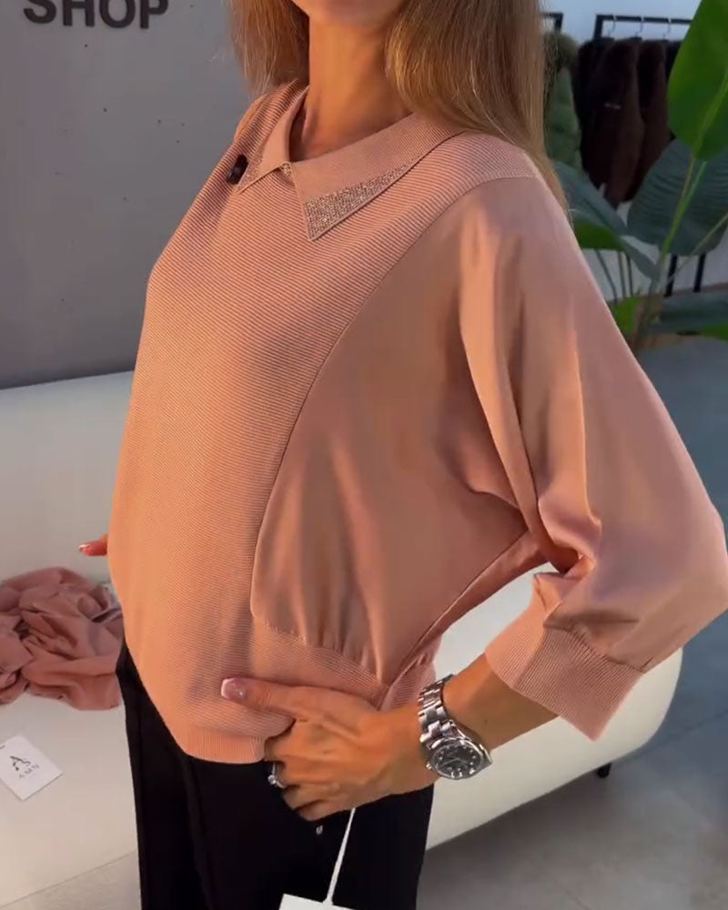 Lapel Elbow-Length Sleeve Knit Elegant Pullover