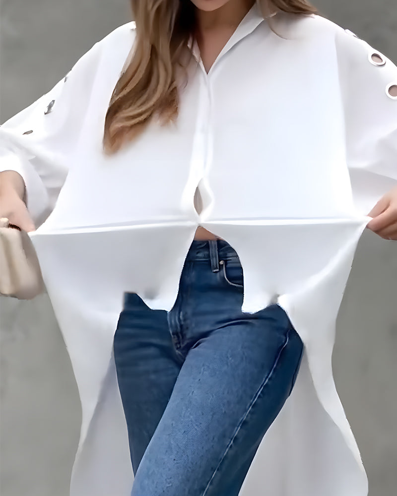 Loose Hollow Out Button Irregular Blouse
