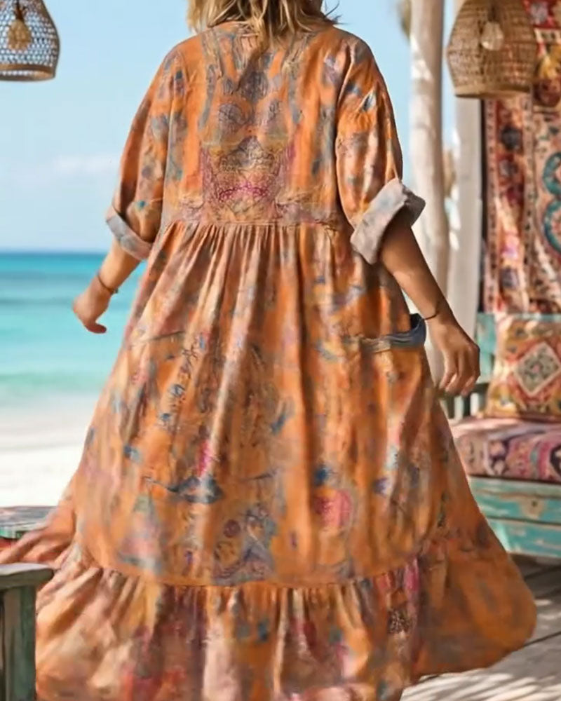 Retro Floral Print V-Neck Maxi Dress