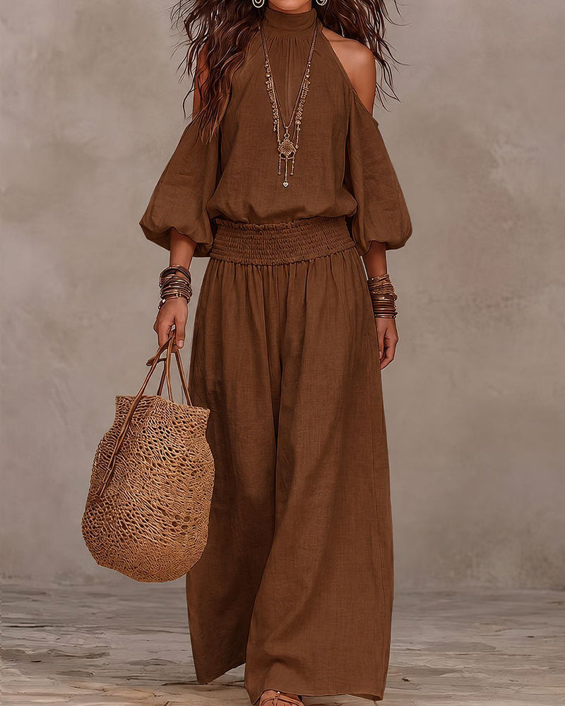 Off-Shoulder Long Sleeve Shirred Pants Set
