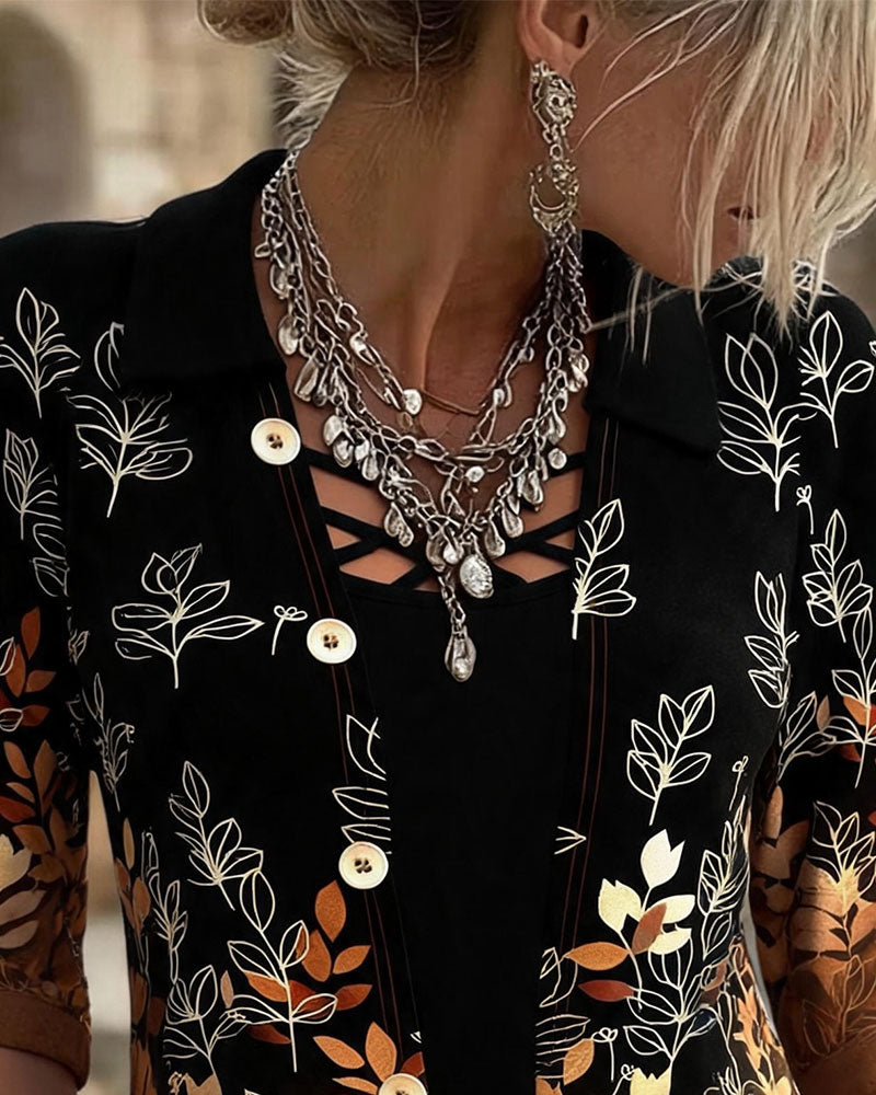 Gradient Autumn Leaf Print Mock Two-Piece Top