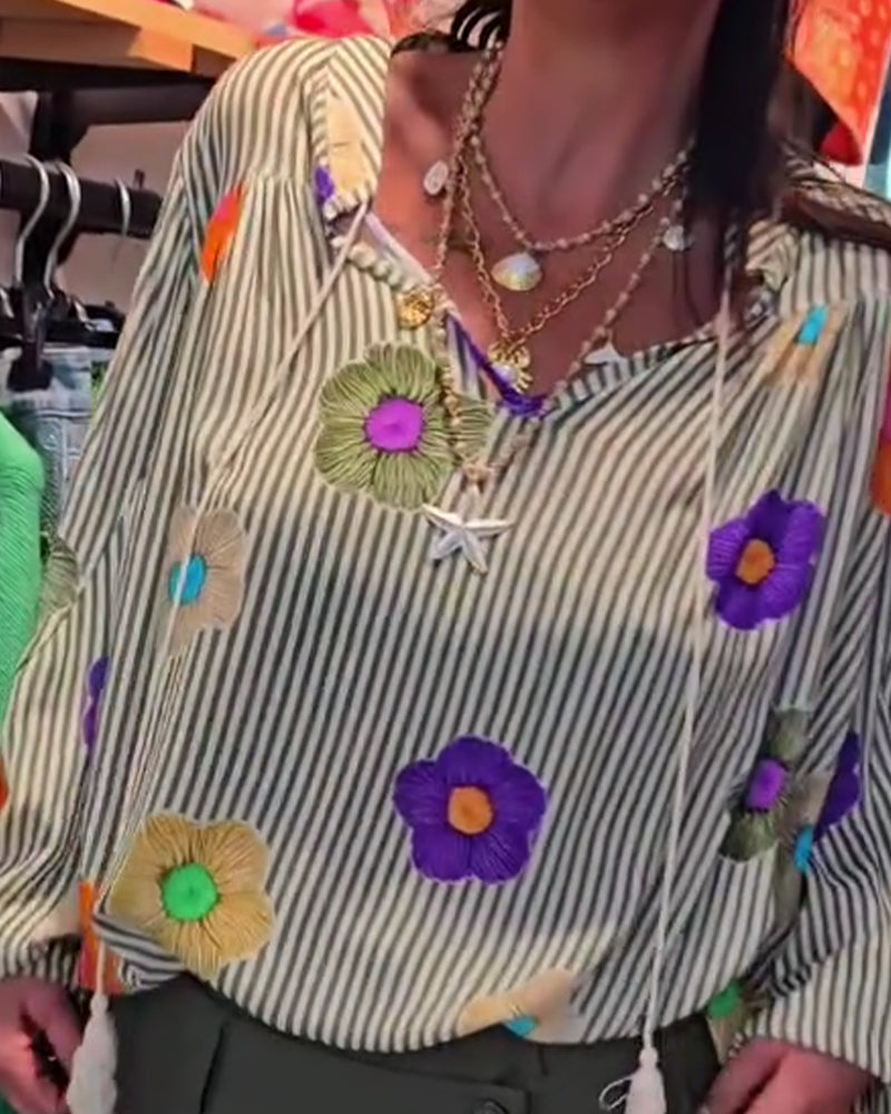 Stripe Floral Tie Blouses