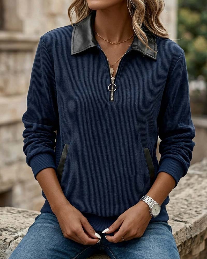 Lapel Zip Long Sleeve Sweatshirt