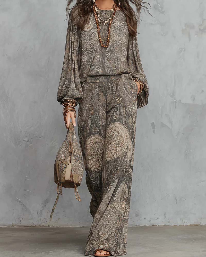 Round Neck Loose Casual Stacked Wide Leg Set