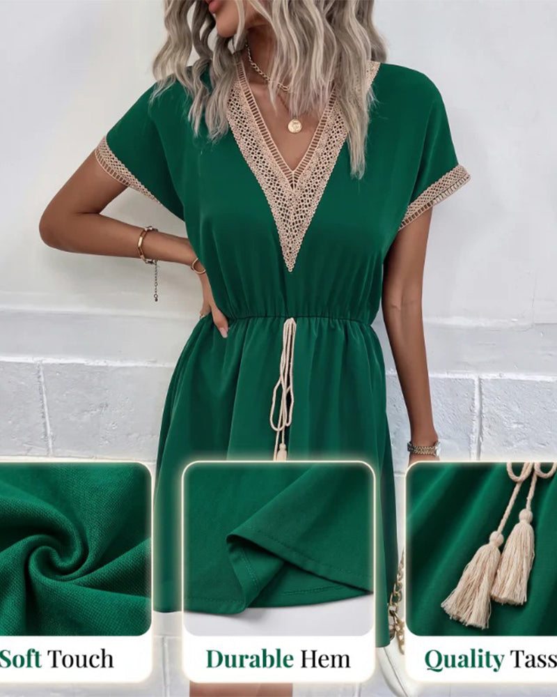 Spring-Fall V-Neck Lace Trim Fitted Waist Dress