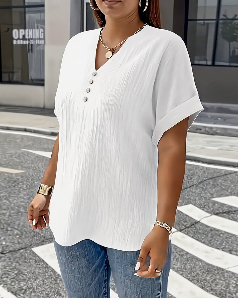 100% Cotton V-Neck Loose Textured T-Shirt