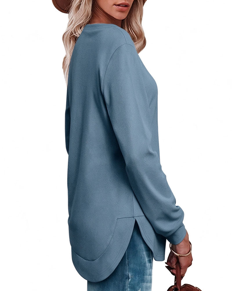 Round Neck Curved Hem Solid Sweatshirt