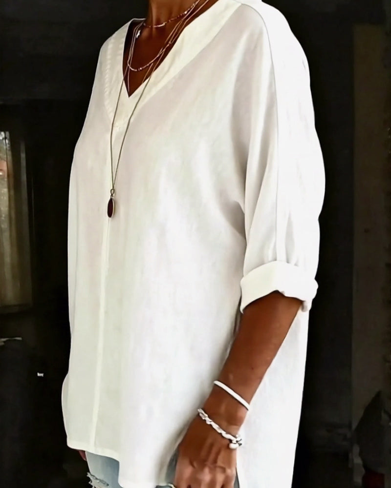 100% Cotton V-Neck Three-Quarter Sleeve Slit Top