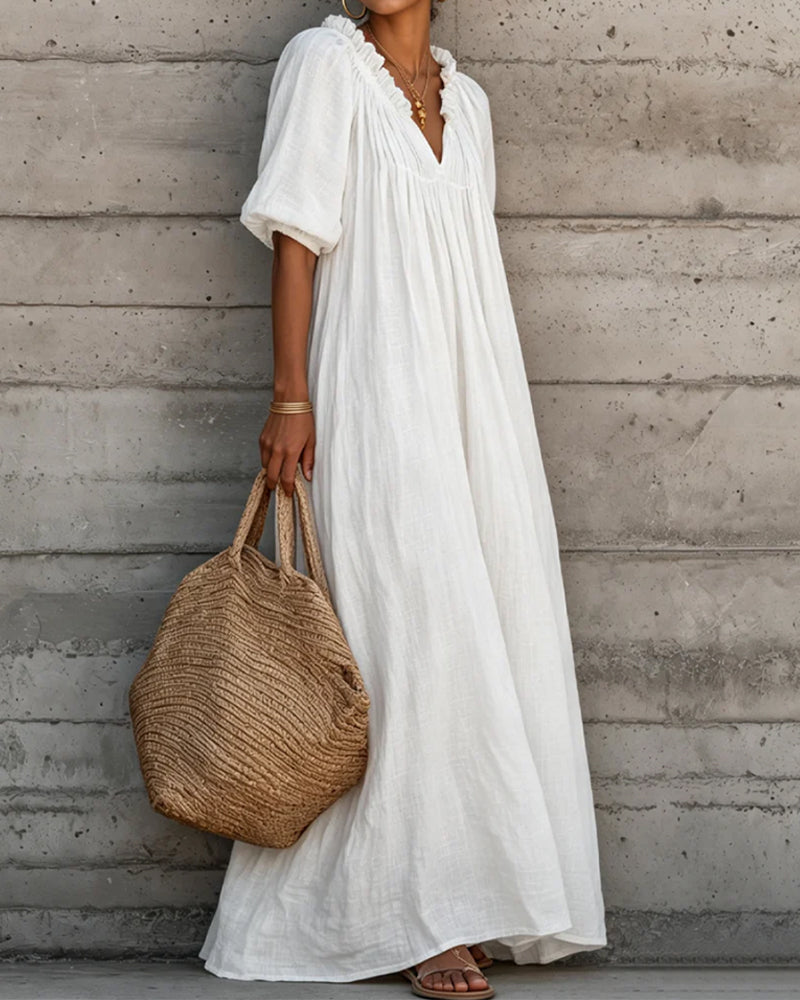 Pure White Bubble Sleeve Full Skirt Maxi Dress