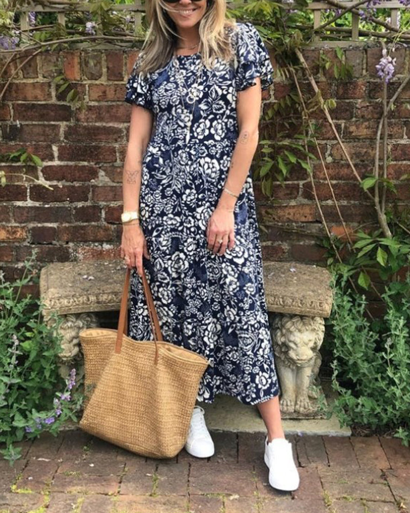 Floral Print Short Sleeve Long Dress