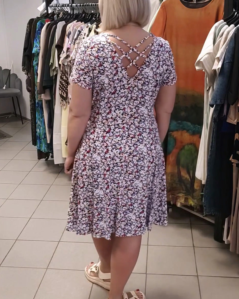 Round Neck Floral Print Short Sleeve Dress