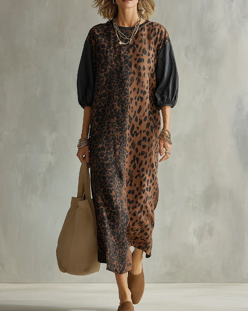 Leopard Print Colorblock Puff Sleeve Dress
