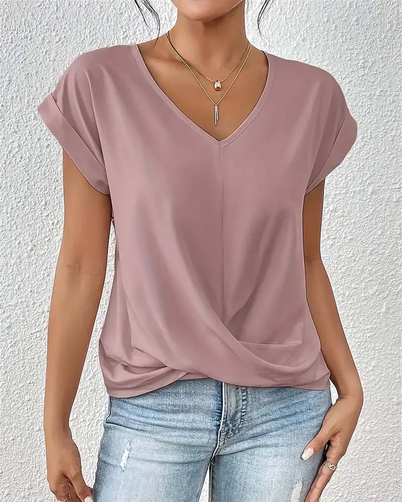 V-Neck Solid Color Elegant Short-Sleeved T-Shirt