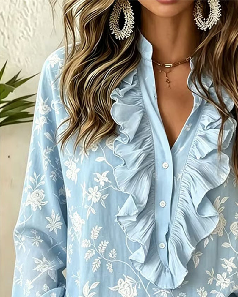 Button Front Ruffle V-Neck Puff Sleeve Blouse