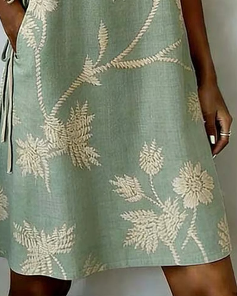 Diagonal Button Print V-Neck Midi Dress