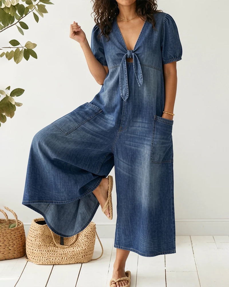 V-Neck Tie Denim Wide Leg Jumpsuit