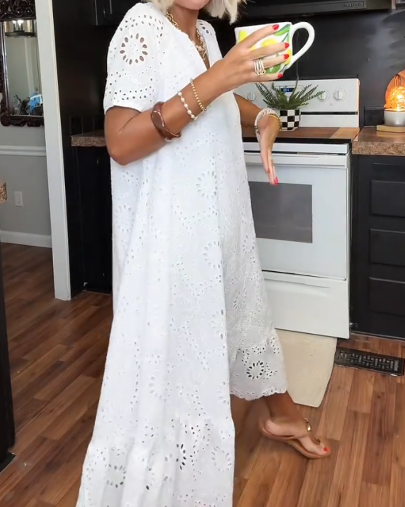 V-Neck Openwork Ruffle Dress