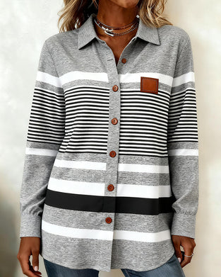 Lapel Contrast Casual Striped Blouse