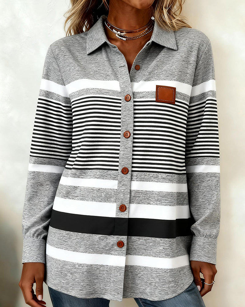 Lapel Contrast Casual Striped Blouse